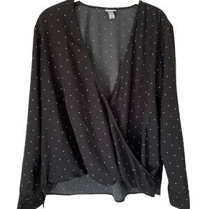 a new day Black &White Polka‎ Dotted Wrap Style Blouse - Large